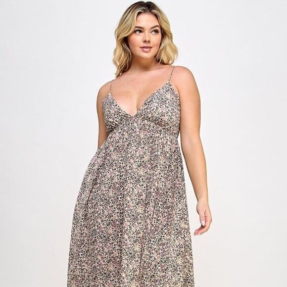Plus Size Taupe Floral maxi dress with tie back - Picture 1 of 4